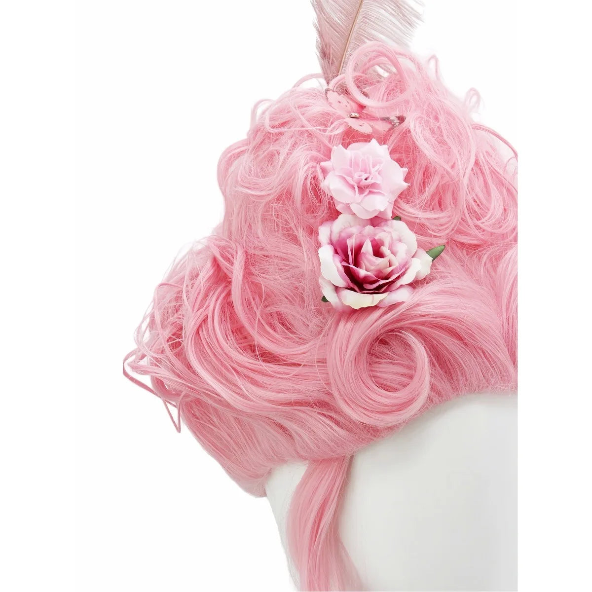Peluca Rosa Esponjosa Plumas Flores