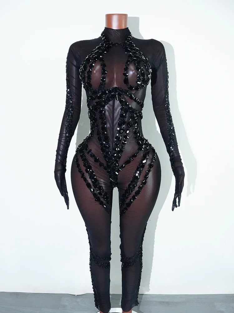 Jumpsuit Malla Cristales Negro